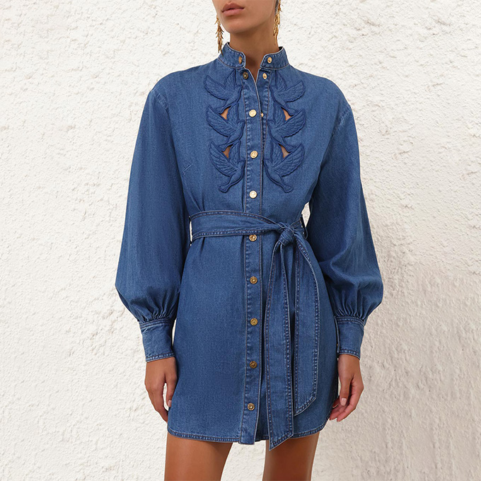 zimmermann luna bird applique denim mini dress